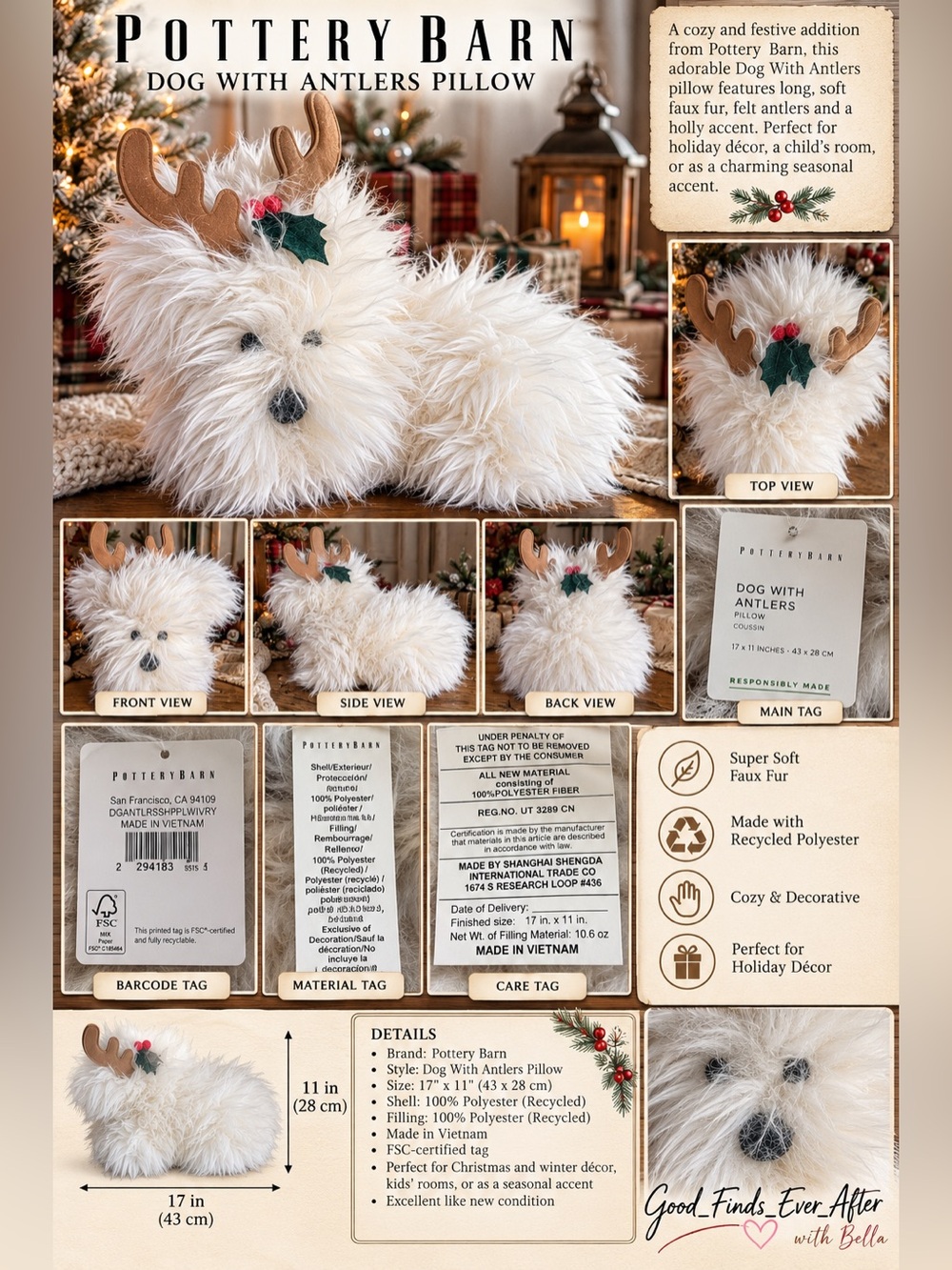 NWT - Pottery Barn - Cream Faux Fur Dog plush with Brown Antlers Holiday Pillow